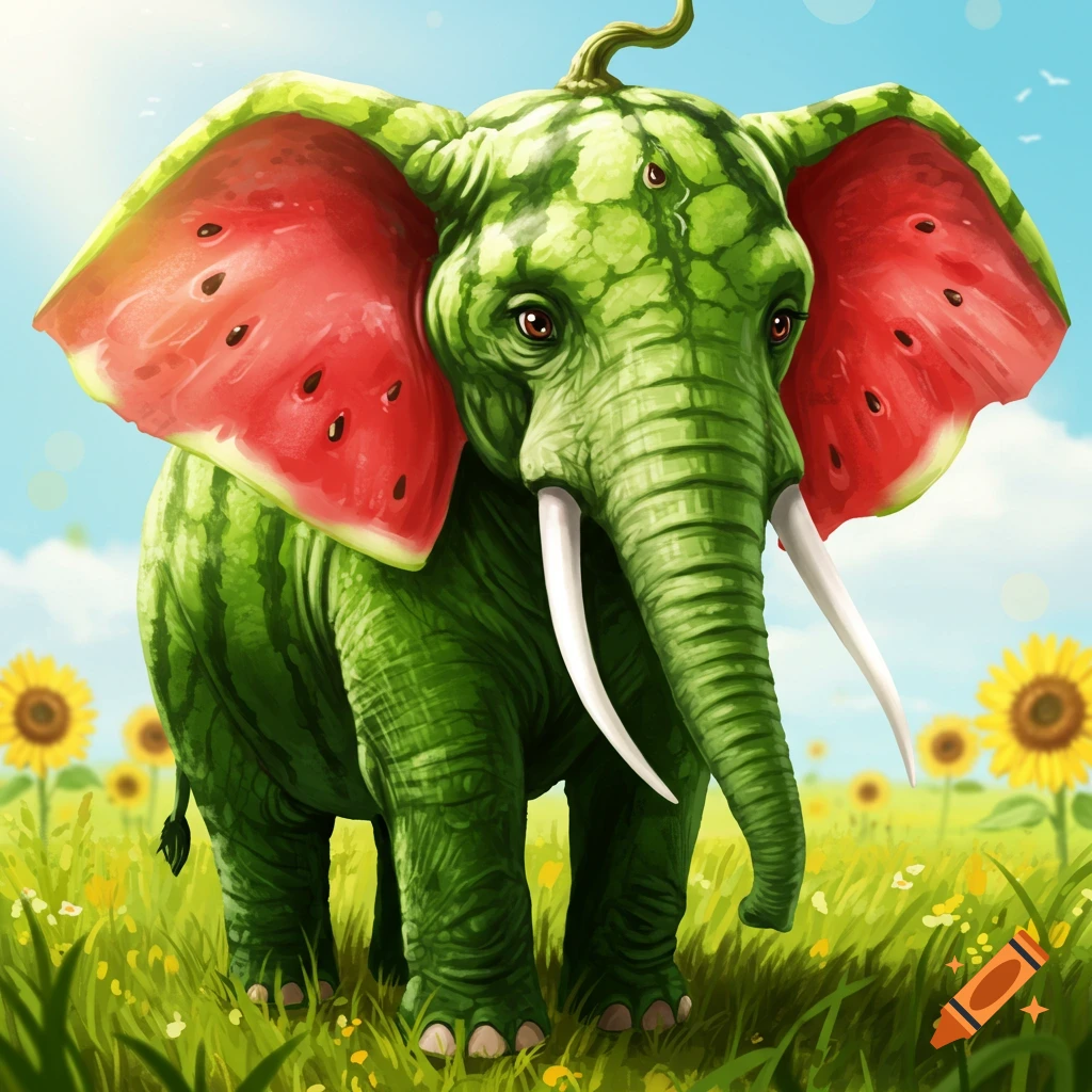 A surreal green elephant with watermelon ears and skin stands in a sunny field of sunflowers. Illustration style.