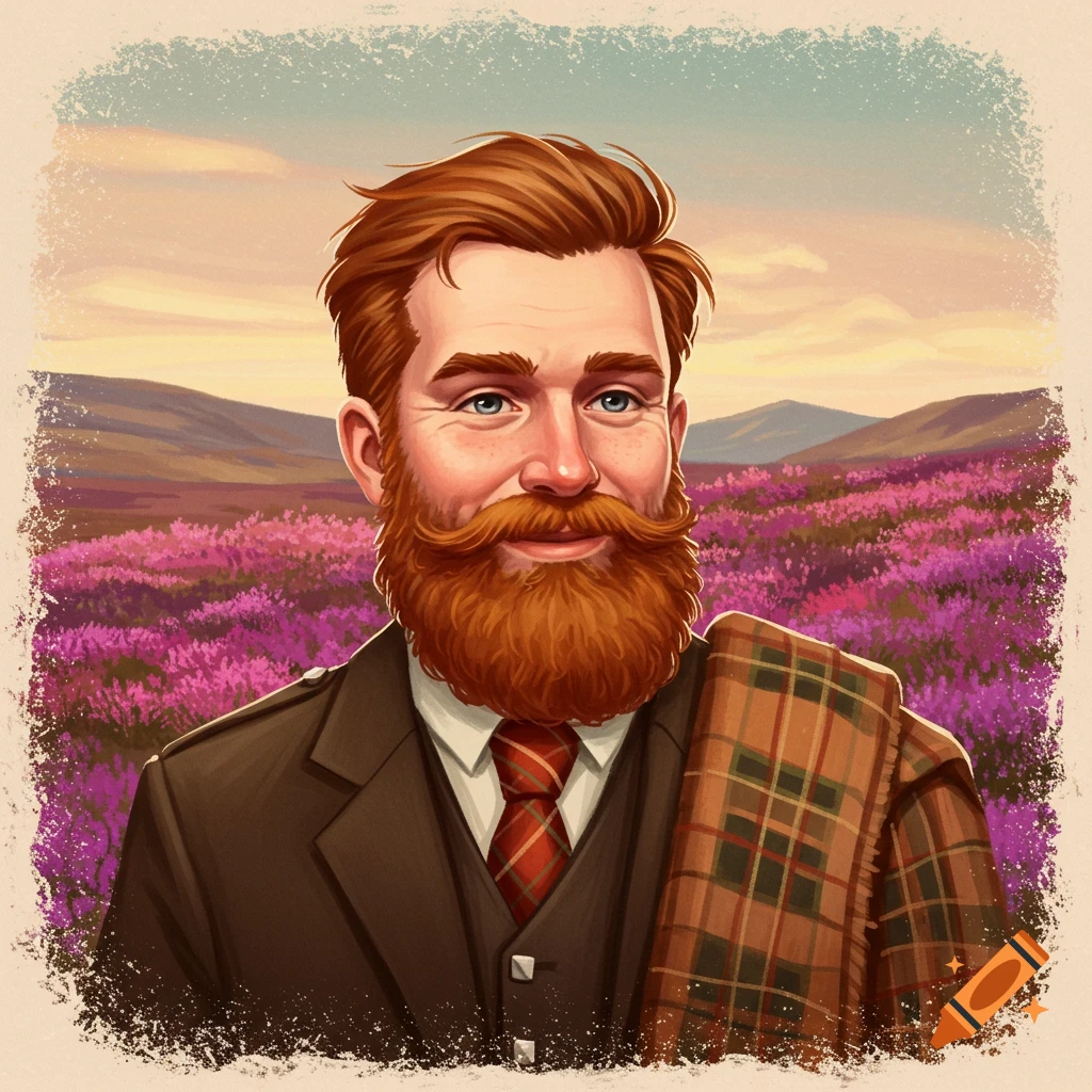 Illustration of a Scottish man with red beard and tartan in a field of heather.