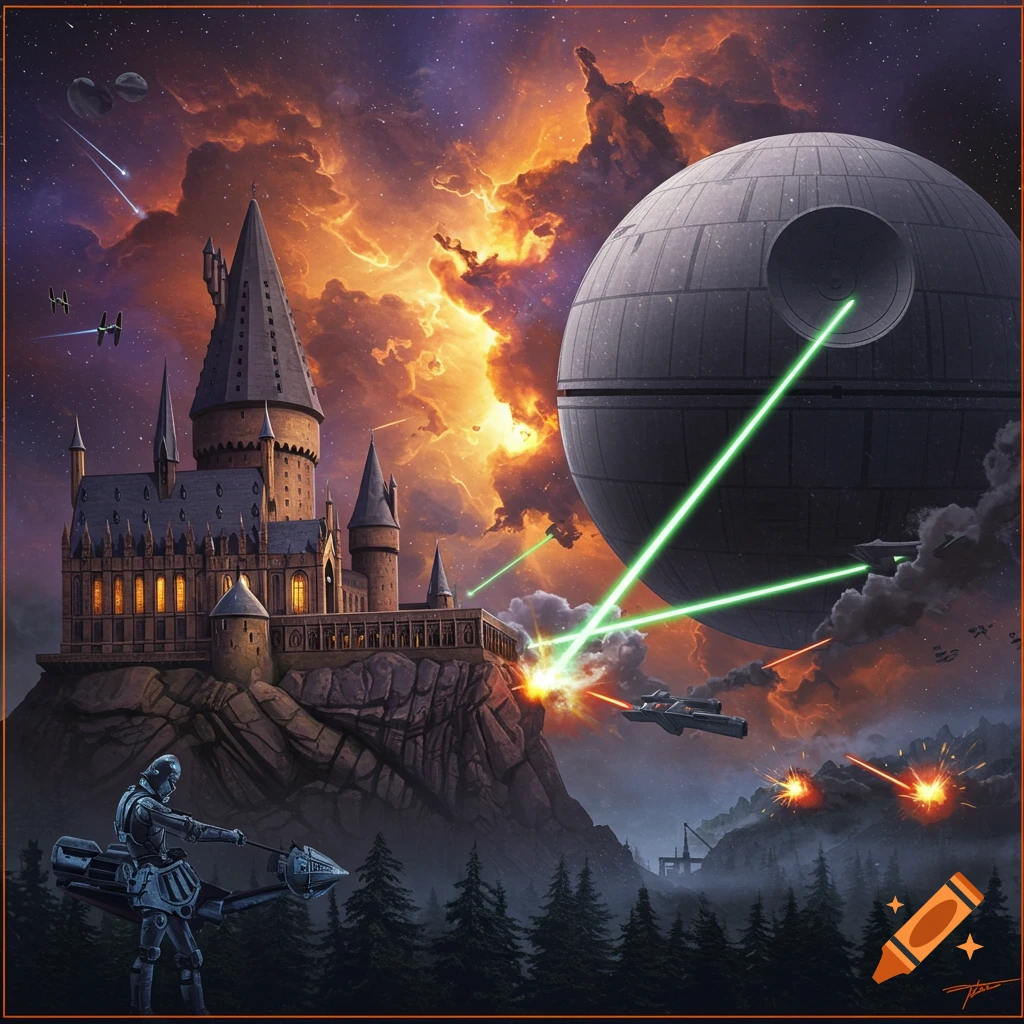 Hogwarts castle under attack by the Death Star in a space battle with ships and a figure on a speeder.