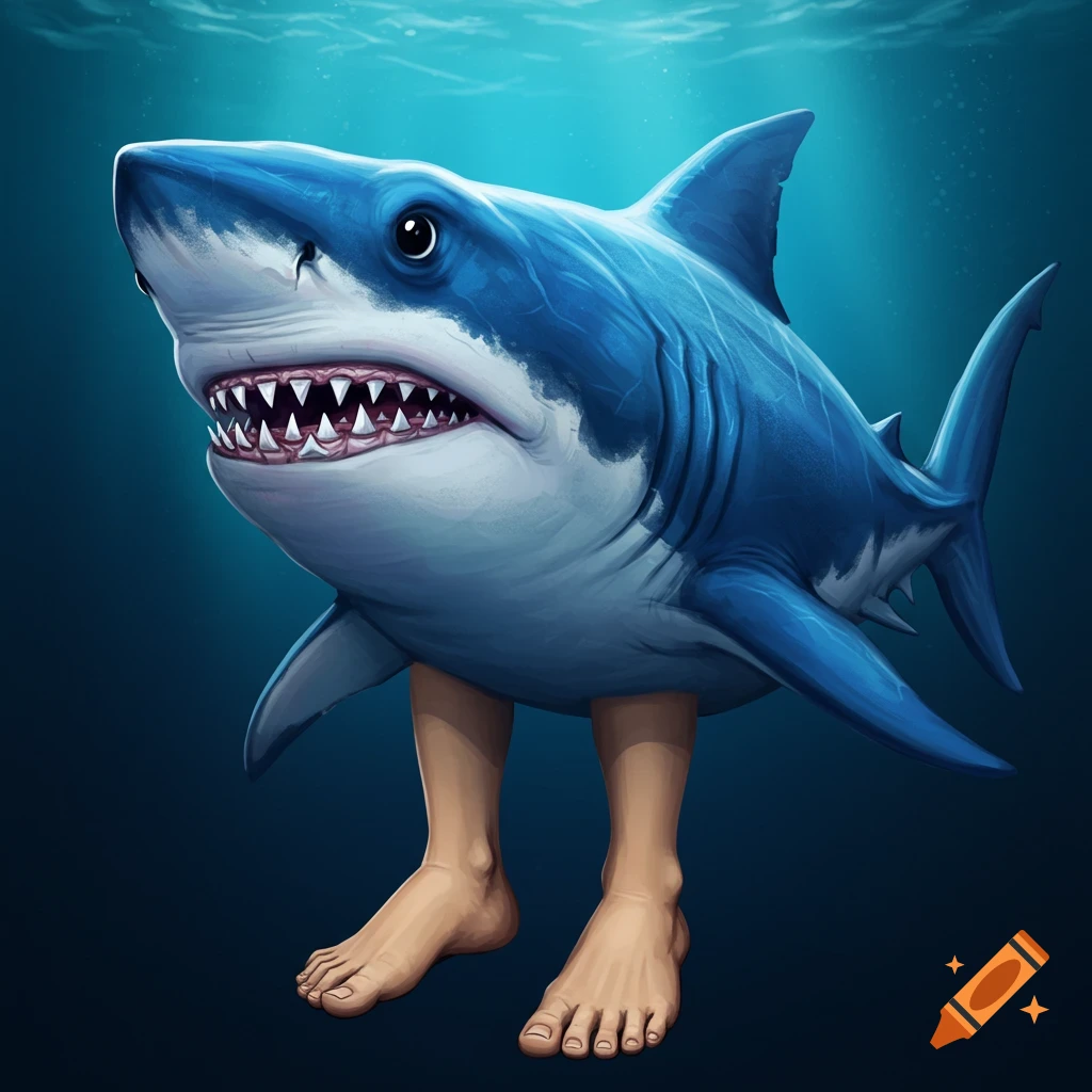 A shark stands underwater on human feet.