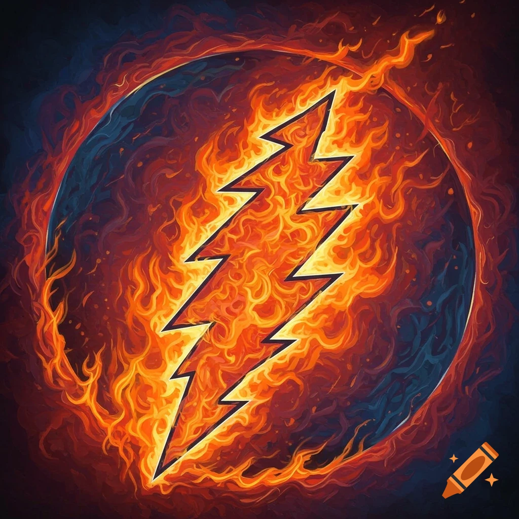 A jagged red and white lightning bolt inside a circle surrounded by orange and red flames.