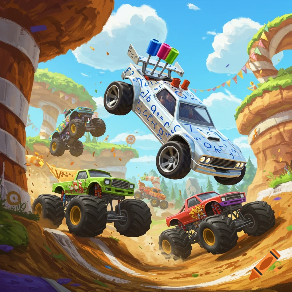 Stylized illustration of monster trucks and a race car jumping on a dirt track during a race.