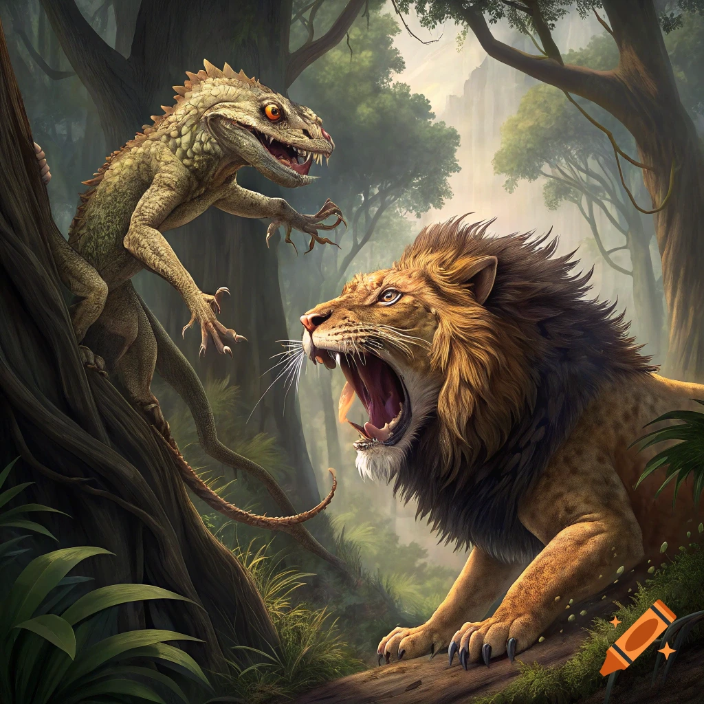 Illustration of a roaring lion confronting a large lizard-like creature on a tree trunk in a jungle.
