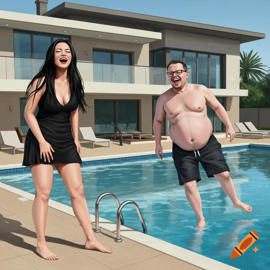 A woman in a black dress stands laughing by a pool while a man in shorts is about to step into the water. A modern house is in the background.