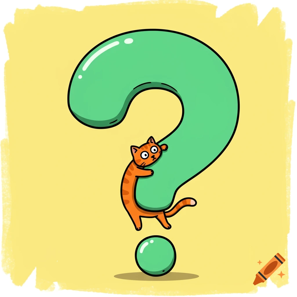 Cartoon orange tabby cat hangs onto a large green question mark symbol.