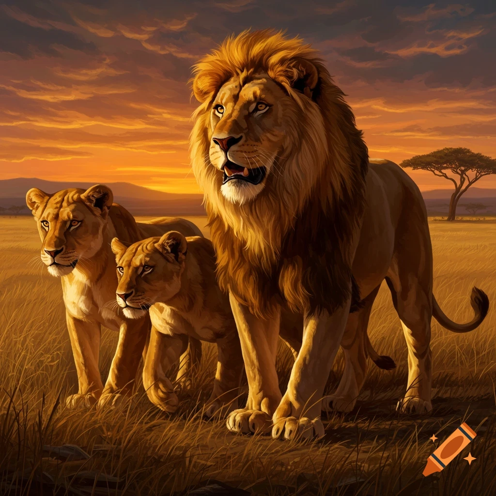 A male lion stands with two lionesses in a savanna landscape at sunset.