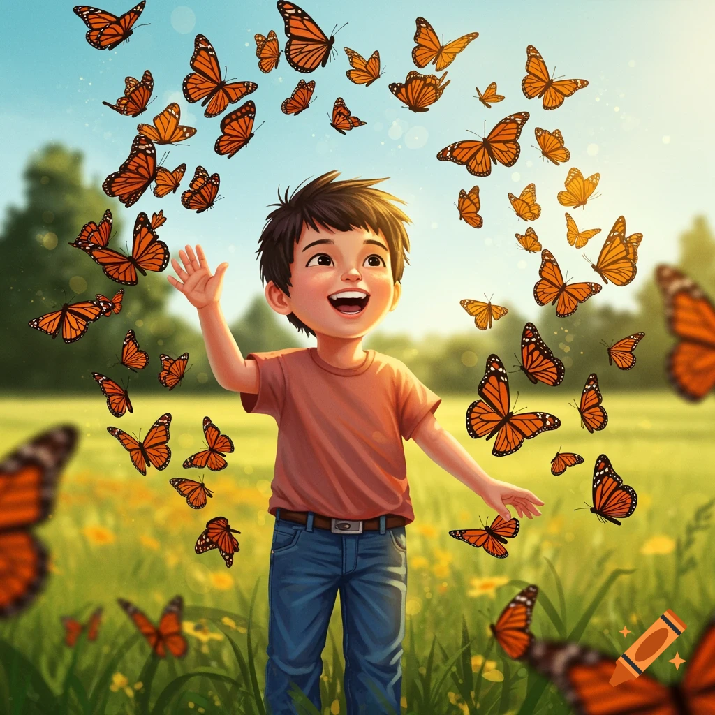 A smiling boy in a field with monarch butterflies swirling around him.
