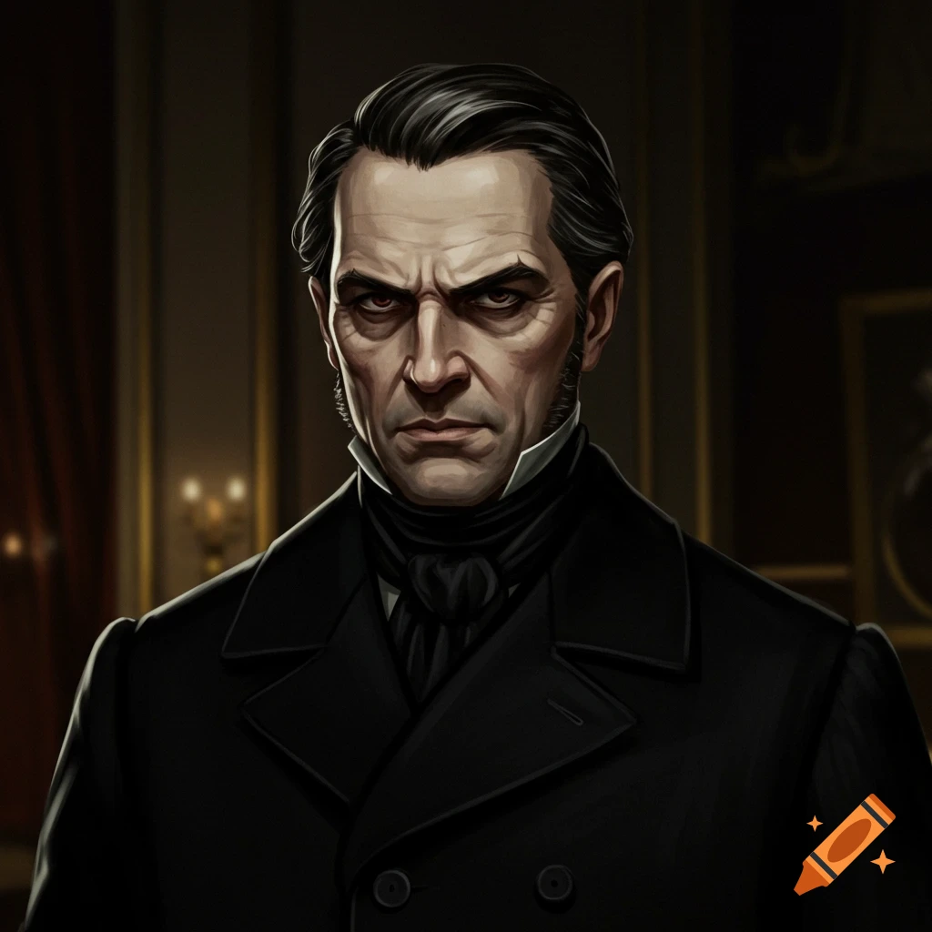 A portrait of a man from the 1800s with a stern expression.
