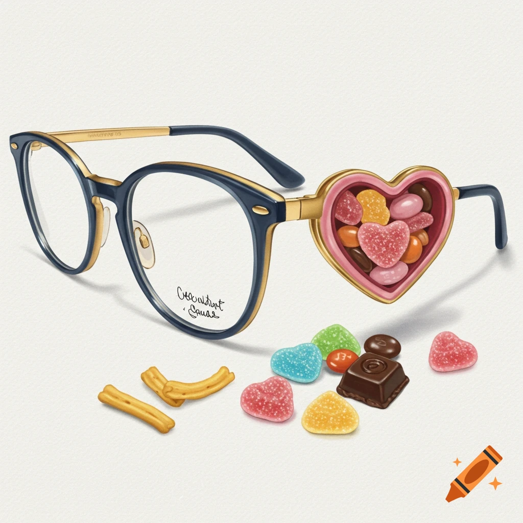 Illustration of eyeglasses with a heart-shaped compartment holding candy, with more candy scattered around.