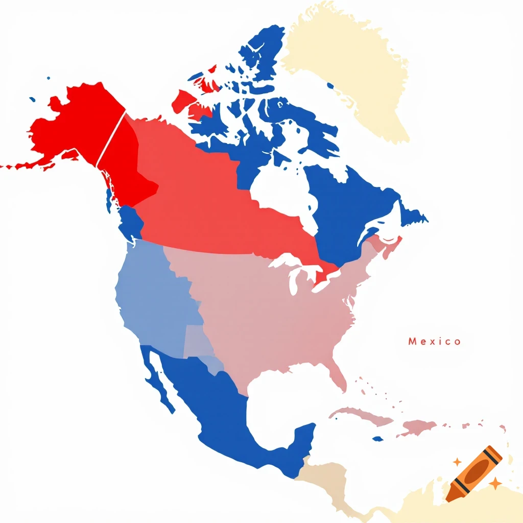 A political map of North America with US states colored blue and red, and Mexico labeled.