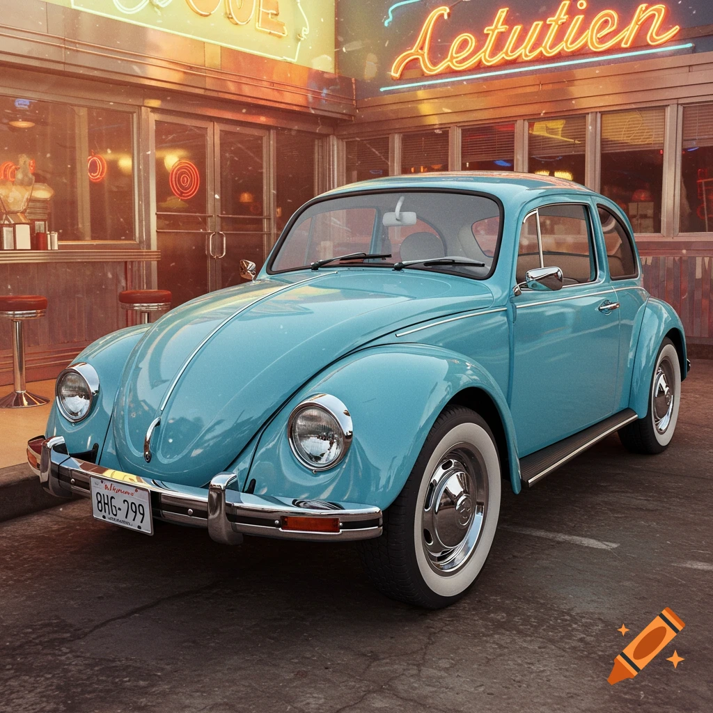 A vintage blue Volkswagen Beetle parked in front of a retro diner