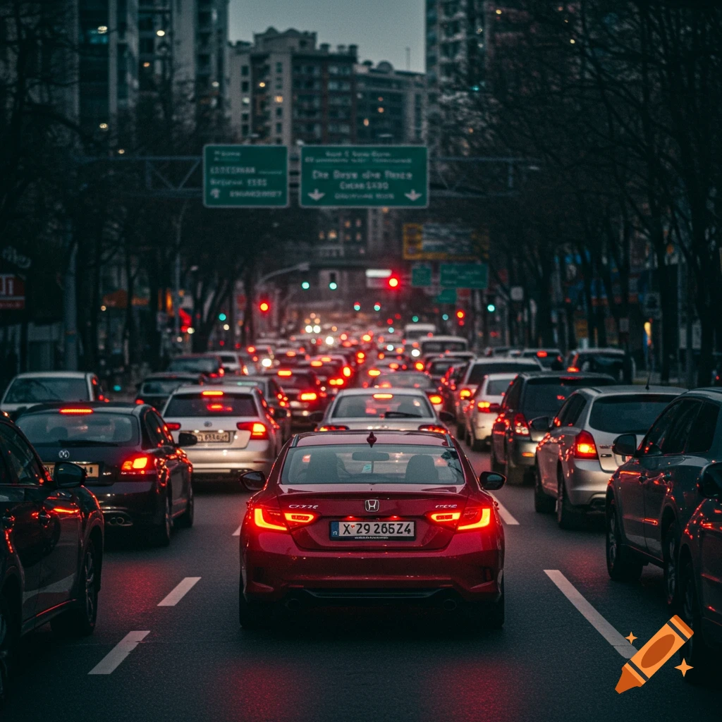 Heavy traffic jam on a city street at dusk with many cars