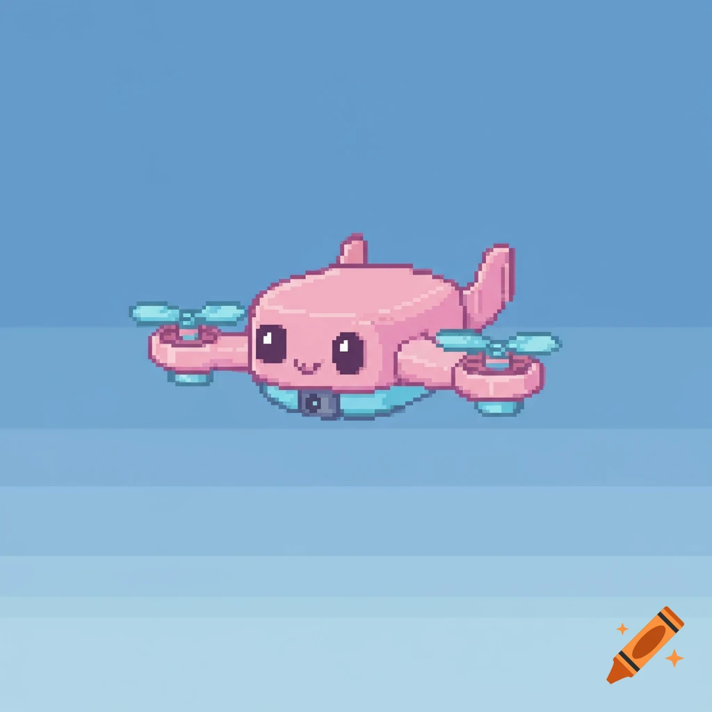 Cute pixel art drone against a blue background.