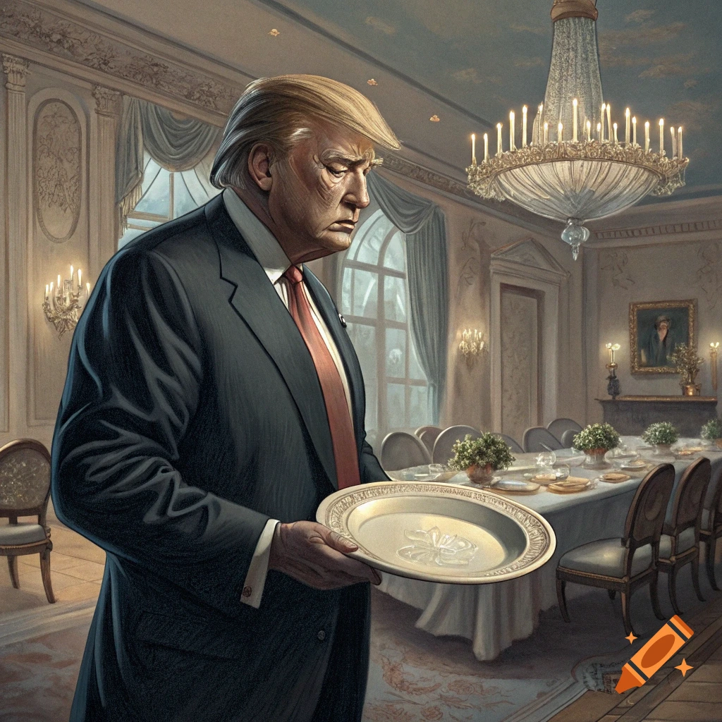 Donald Trump holds an empty plate in a formal dining room.