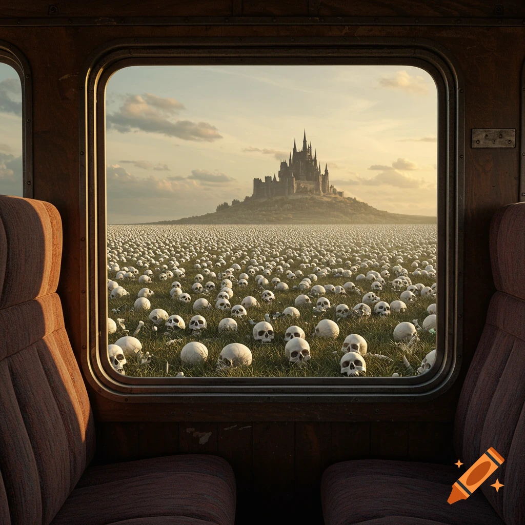 View from a train window shows a field of skulls with a castle on a hill.