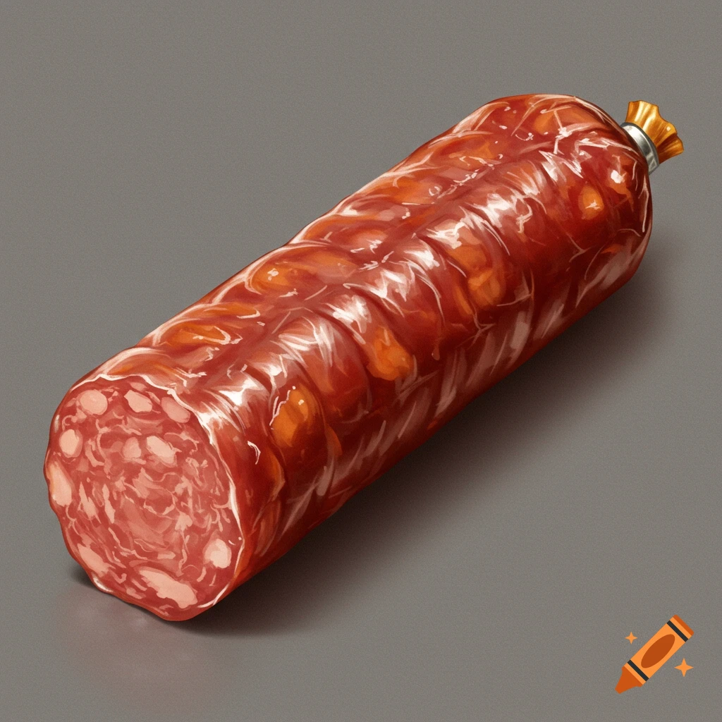 A painterly illustration of a salami stick sliced at one end.