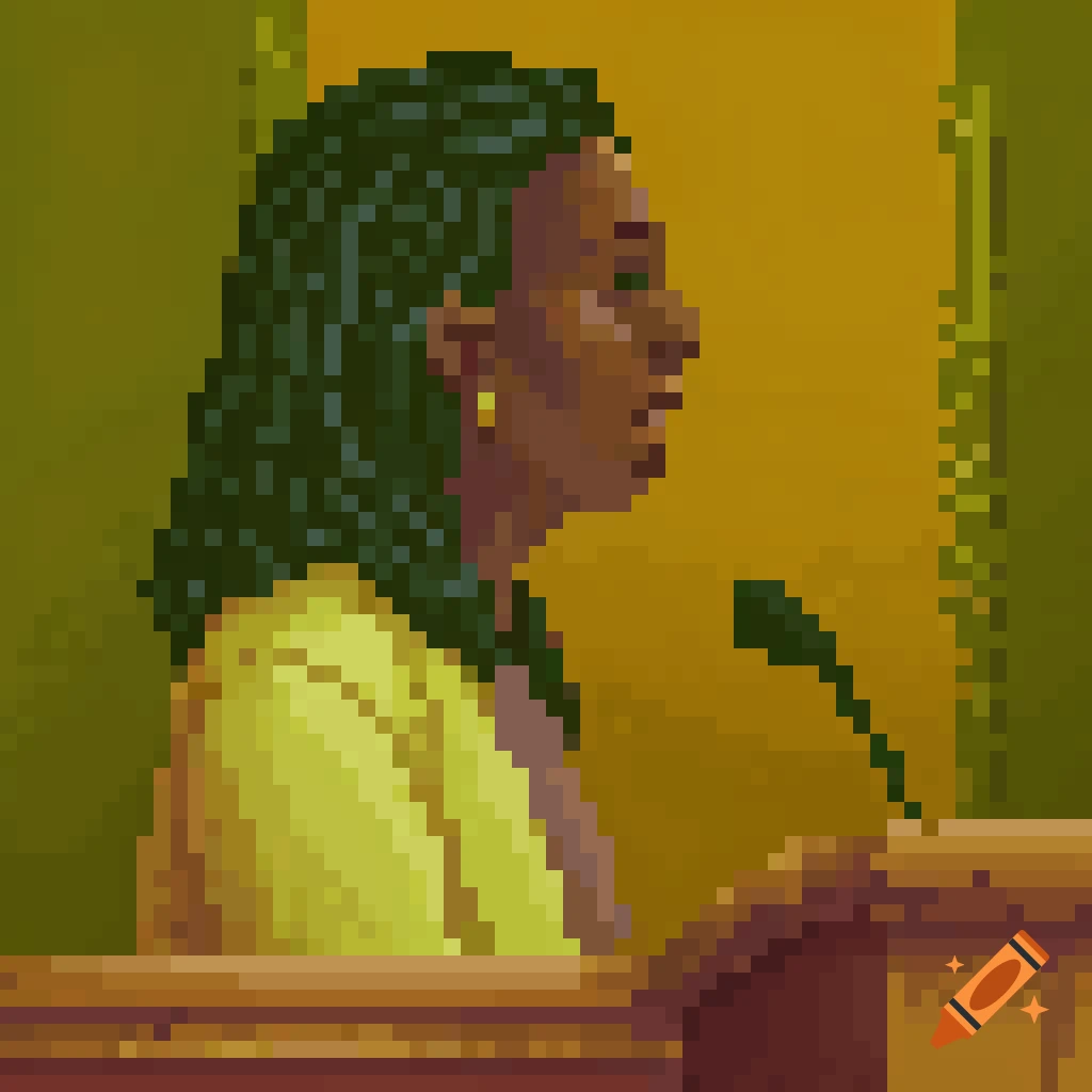 Pixel art portrait of a woman speaking at a podium into a microphone.