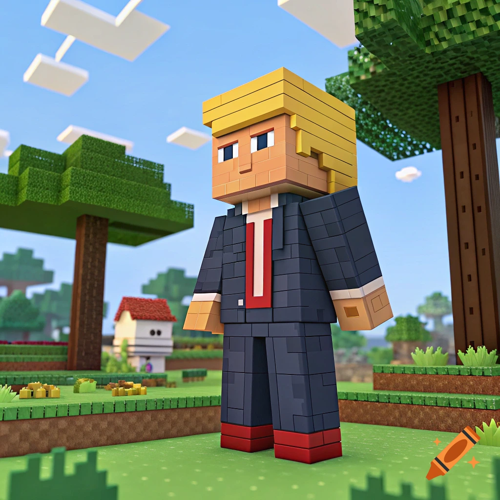 A Minecraft-style character resembling Donald Trump in a suit stands in a blocky outdoor scene.