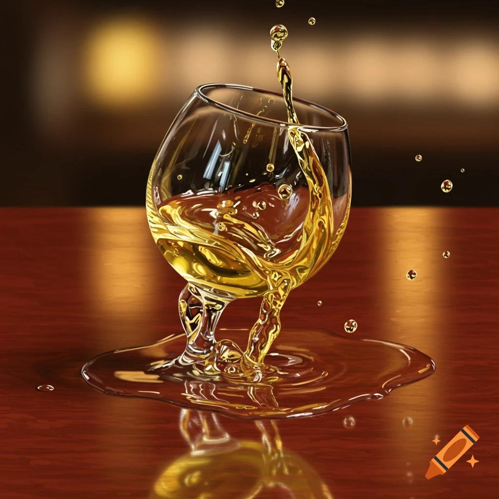 A glass of golden liquid overflowing and pooling on a wooden table.