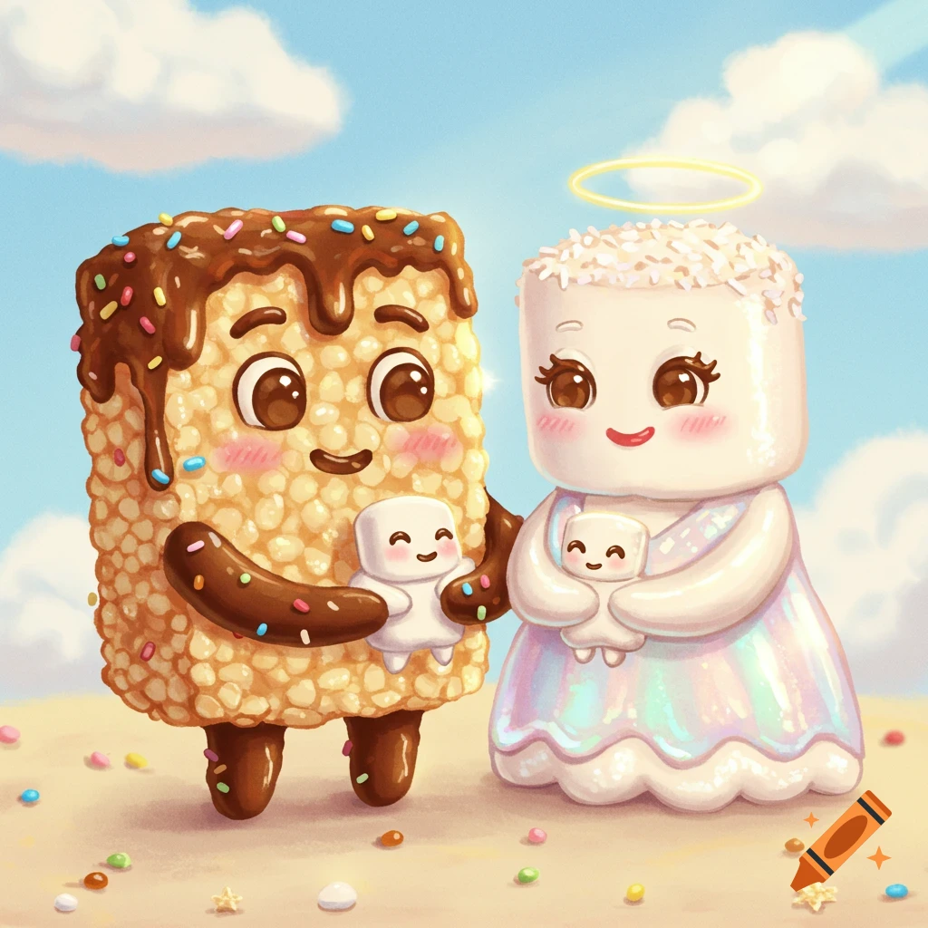 Father Rice Krispy and marshmallow mother on Craiyon