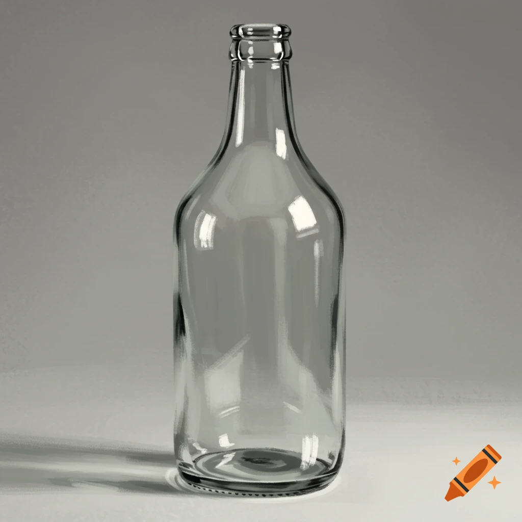 A realistic rendering of a clear glass bottle on a grey background.