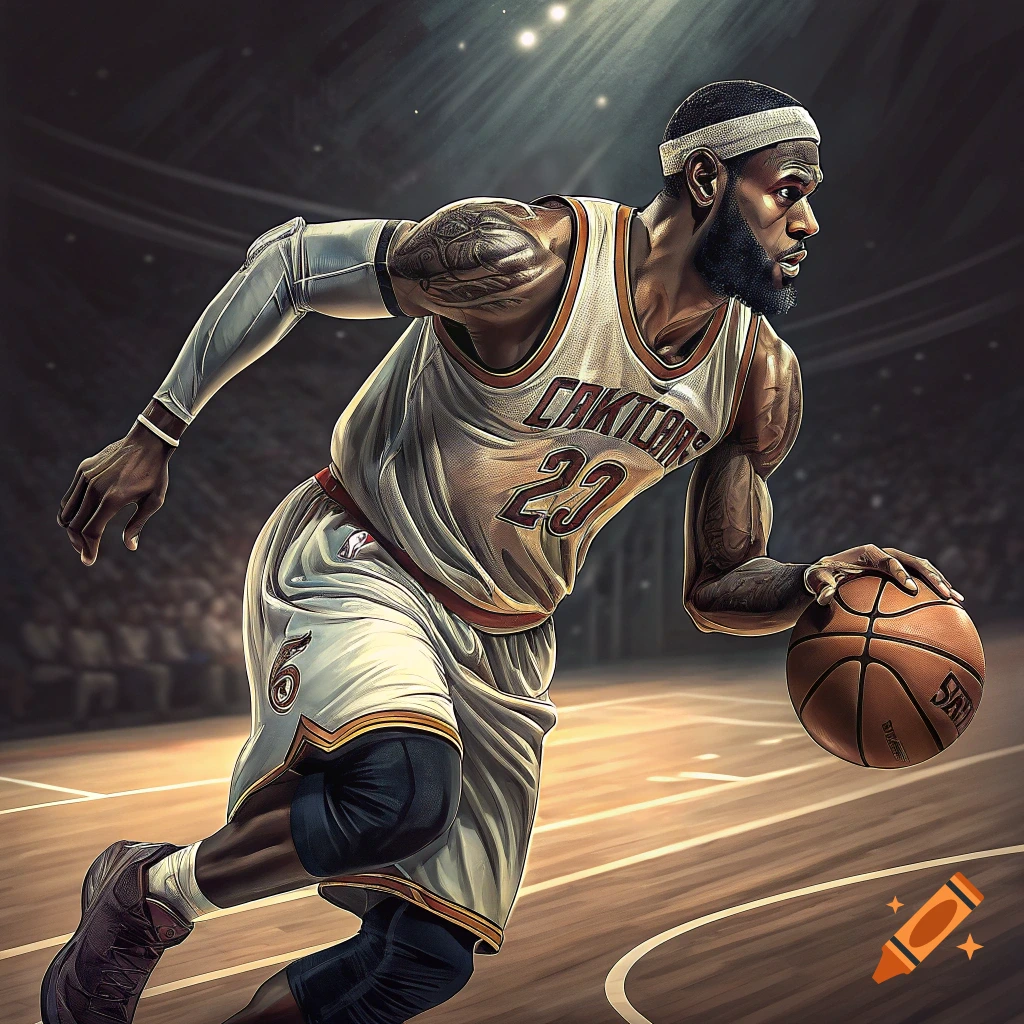 Illustration of LeBron James dribbling a basketball on a court.