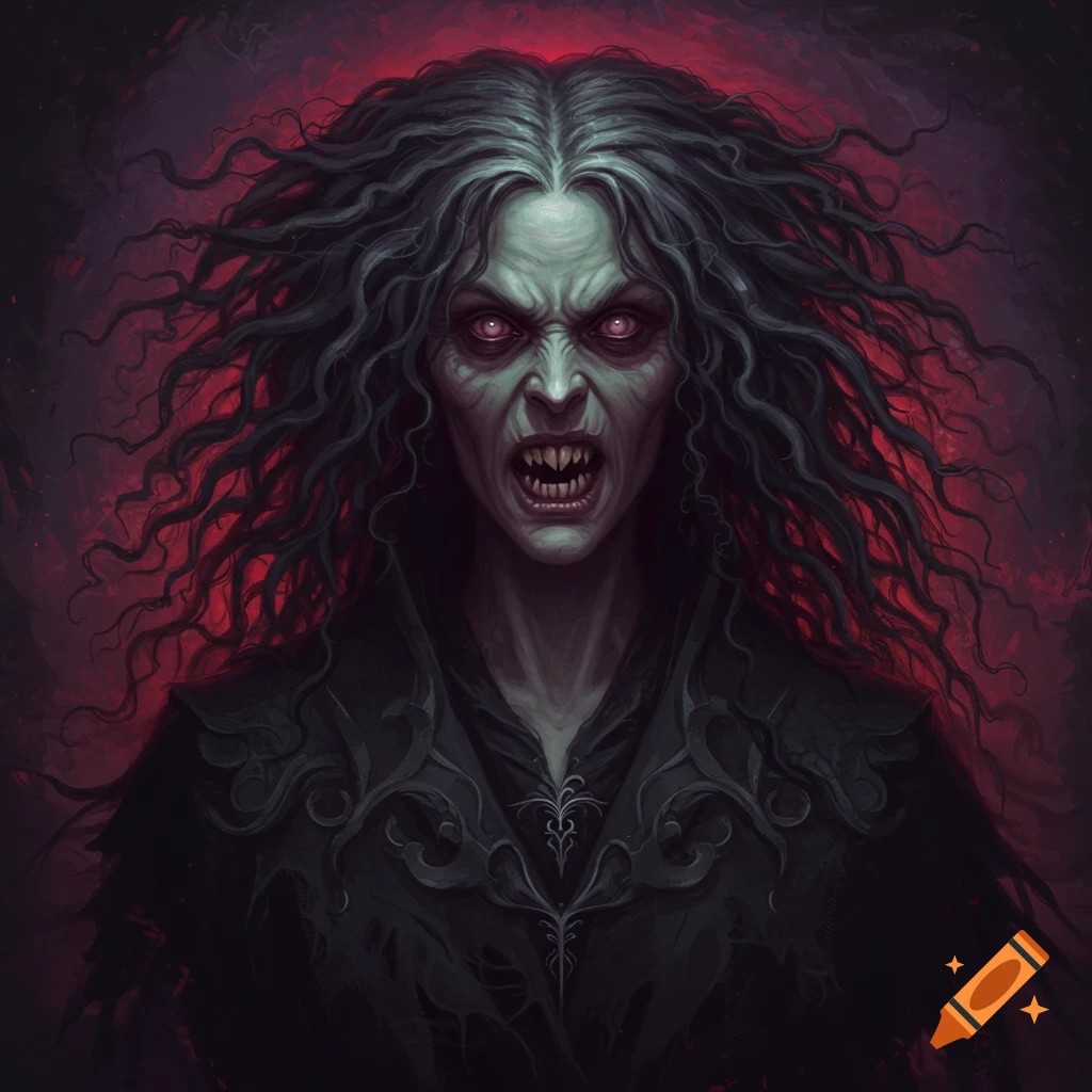 A terrifying witch with wild dark hair, glowing eyes, and sharp teeth glares intensely against a dark red background in an illustration style.