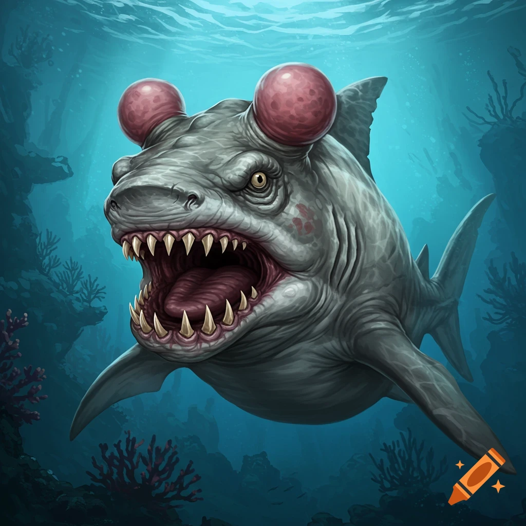 A monstrous shark-like creature with large spheres on its head and sharp teeth, underwater with coral.