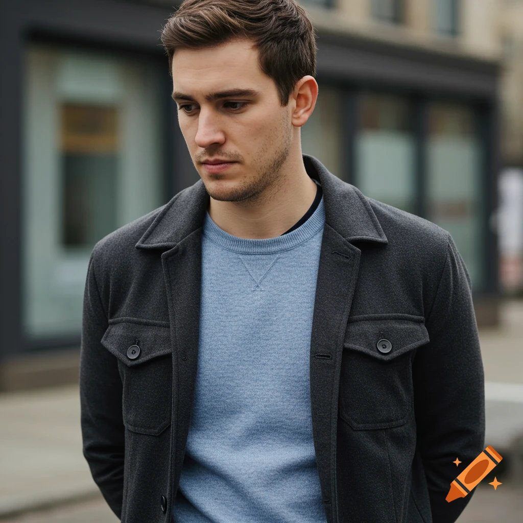 A man wearing a gray jacket and blue sweater outdoors.