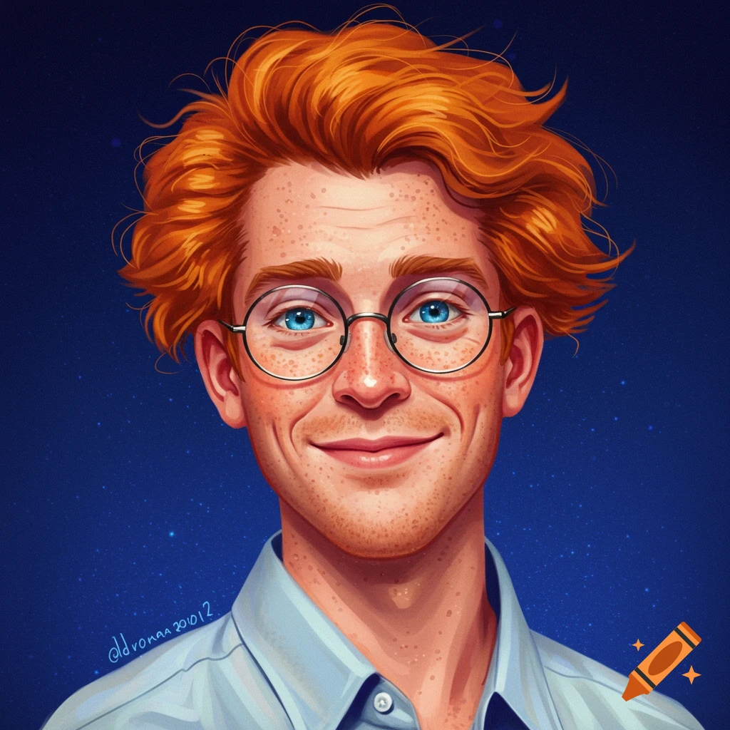 Stylized illustration portrait of a smiling man with bright red hair, freckles, blue eyes, and glasses.