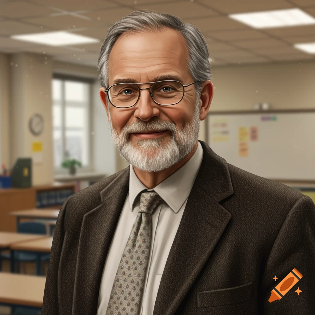 Portrait of a smiling, bearded man wearing glasses, a suit jacket, and a tie, standing in a classroom.