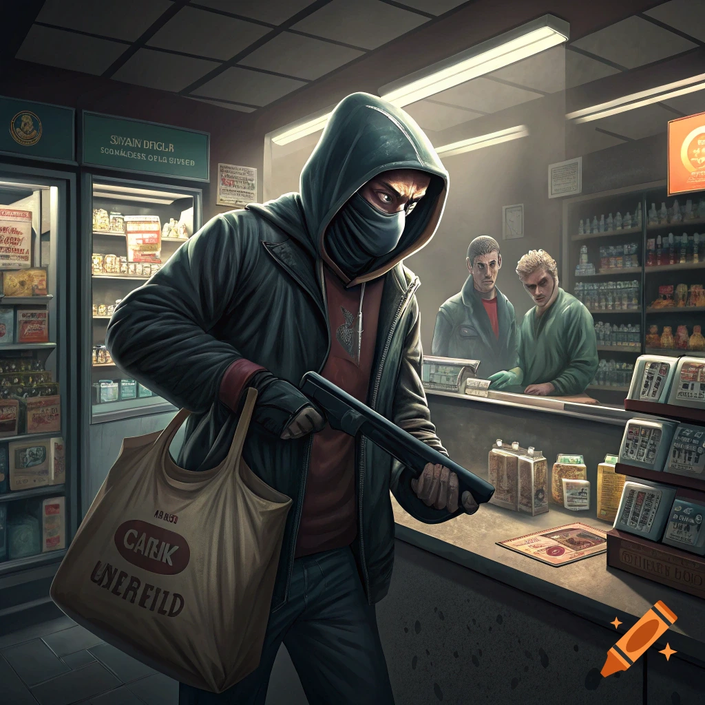 A masked figure with a shotgun robs a convenience store in an illustrative style.