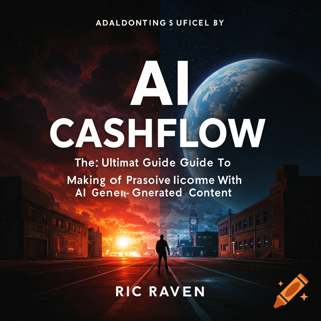 Book cover titled "AI Cashflow" showing a person standing on a road looking at a split scene of a city and space.