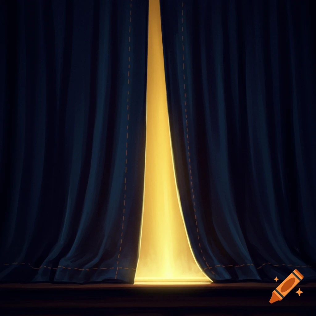 Dark blue theater curtains opening to reveal bright yellow light on a wooden stage floor. Illustration.