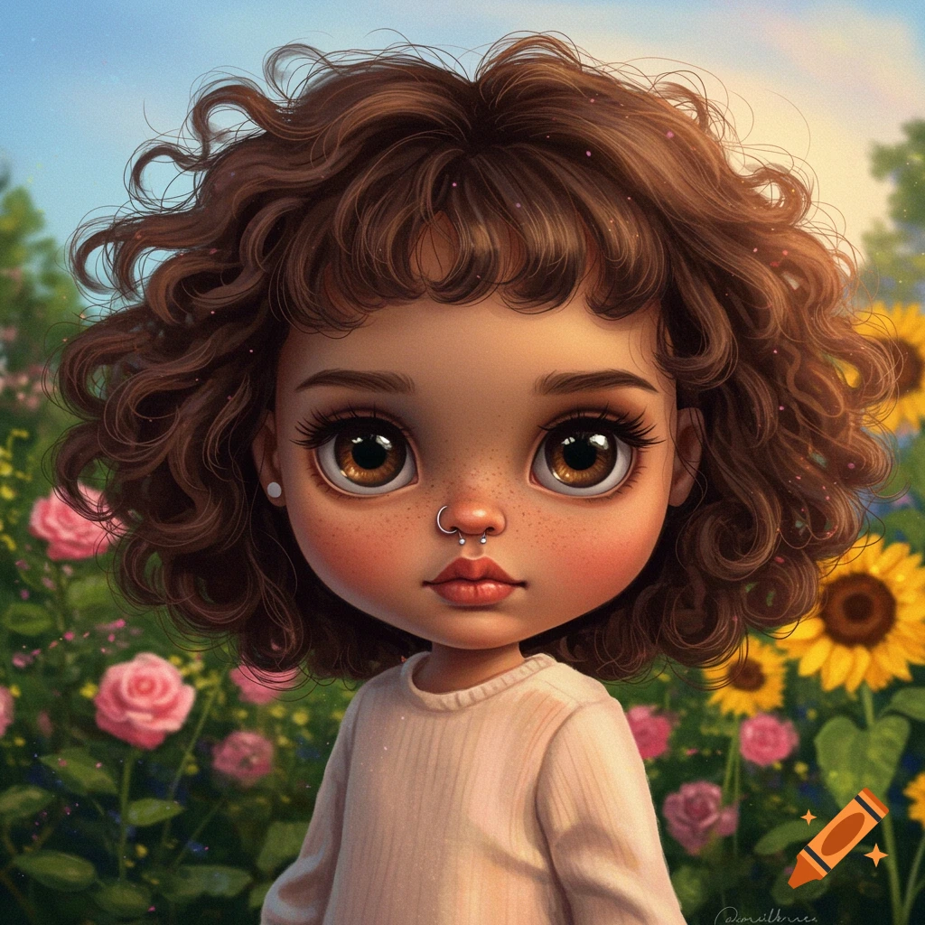 Doll-like character with big eyes, septum ring, and curly brown hair standing in a field of flowers.