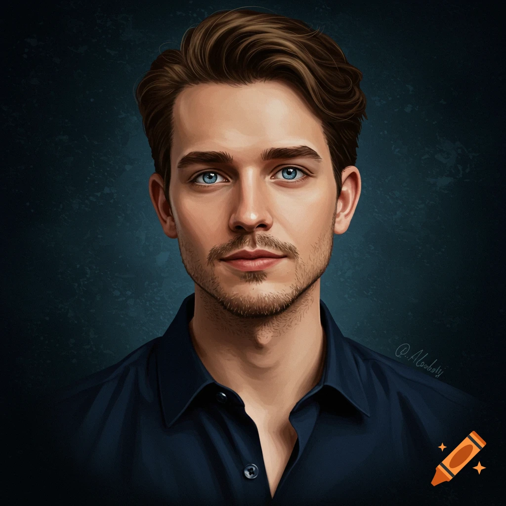 Digital art portrait of a man with brown hair and blue eyes wearing a dark shirt