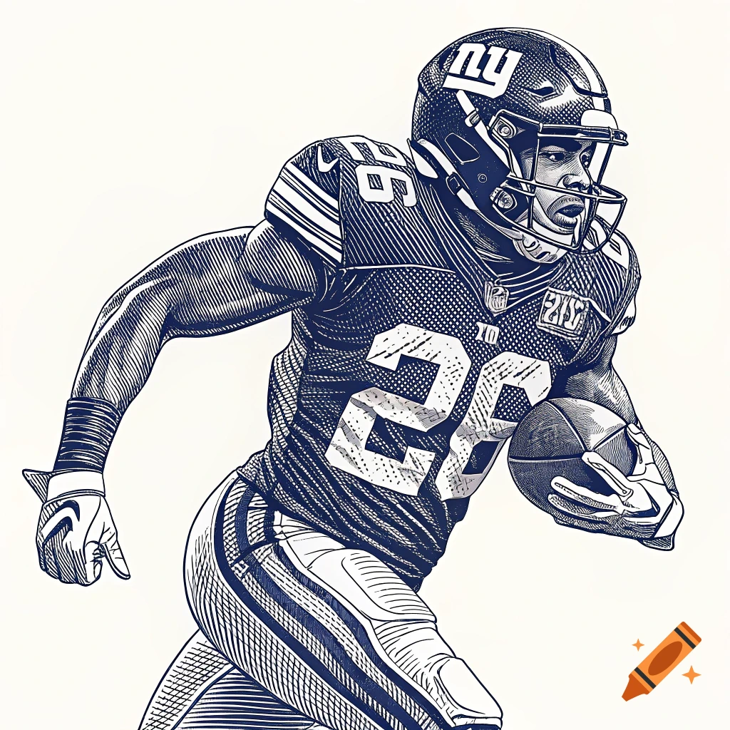 Linocut illustration of Saquon Barkley, an American football player in a blue jersey with 26, running with the ball.