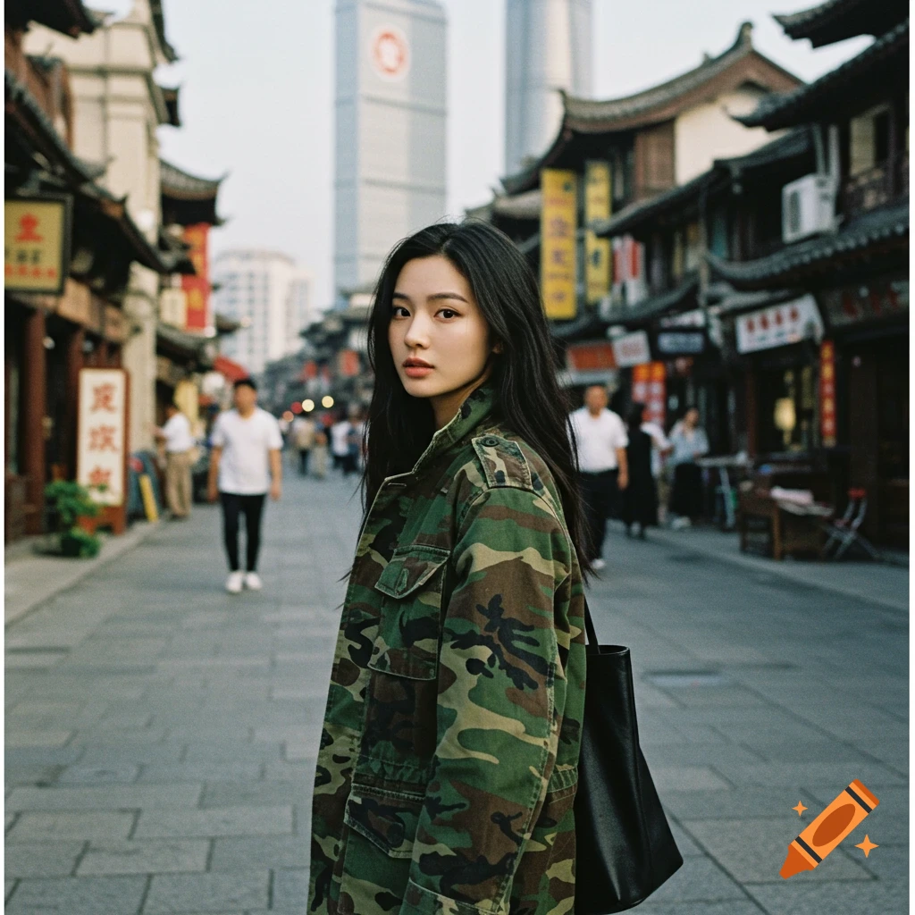 A woman in a camouflage jacket stands on a street in Shanghai.