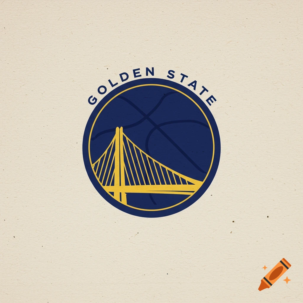 Golden State Warriors basketball logo with bridge and basketball lines on a beige background.
