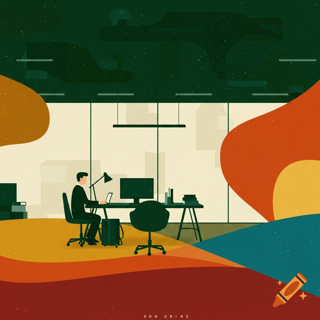 Minimalist illustration of a person working at a desk in an office with abstract shapes.
