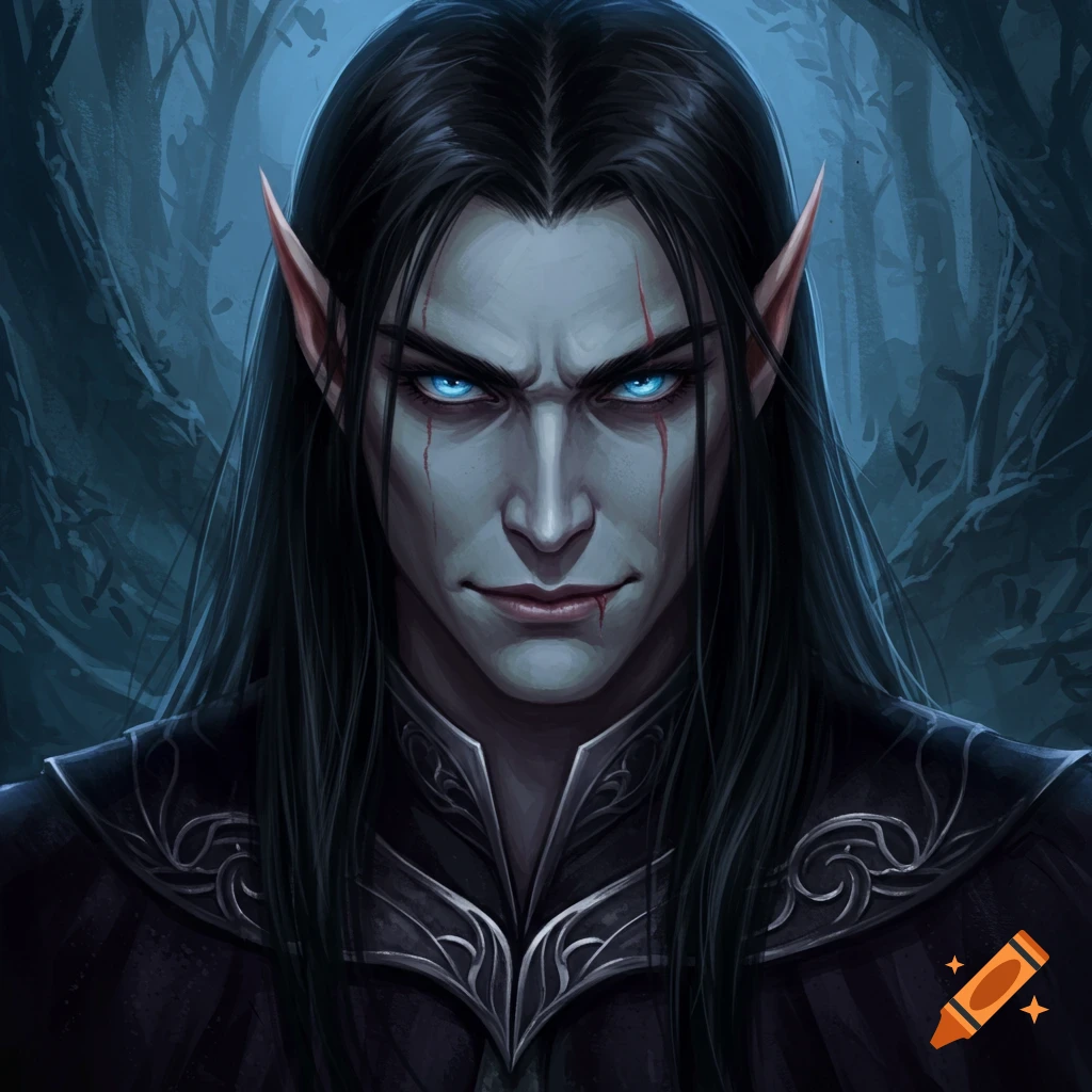 Painting of a dark elf prince with long black hair, piercing blue eyes, and a scar.