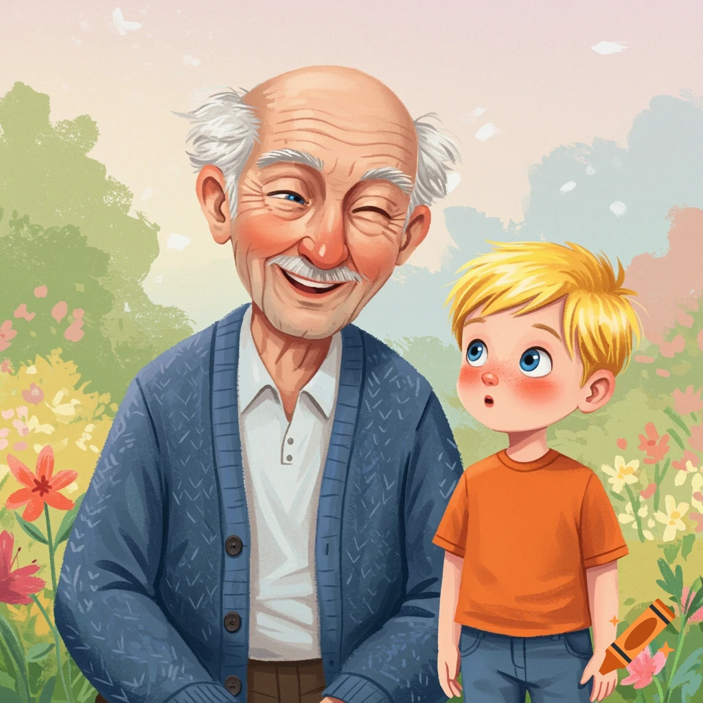 An illustration of an old man winking at a young boy in a garden.
