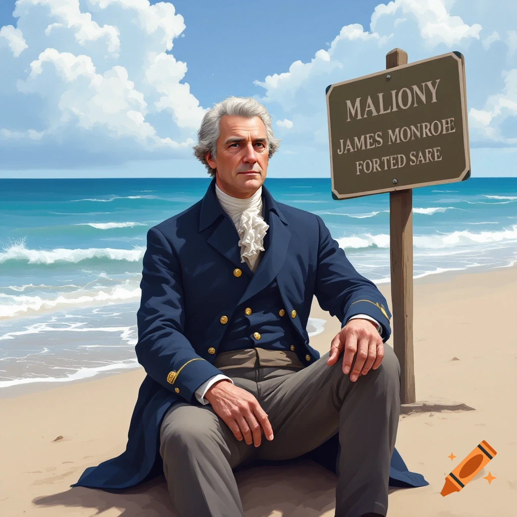 A man in 18th-century clothing sits on a beach next to a sign in this illustration. He resembles James Monroe.