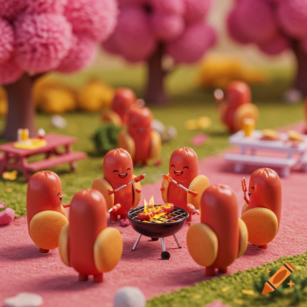 Cartoon hot dogs grill hot dogs at a mini cookout in a park, 3D render style.