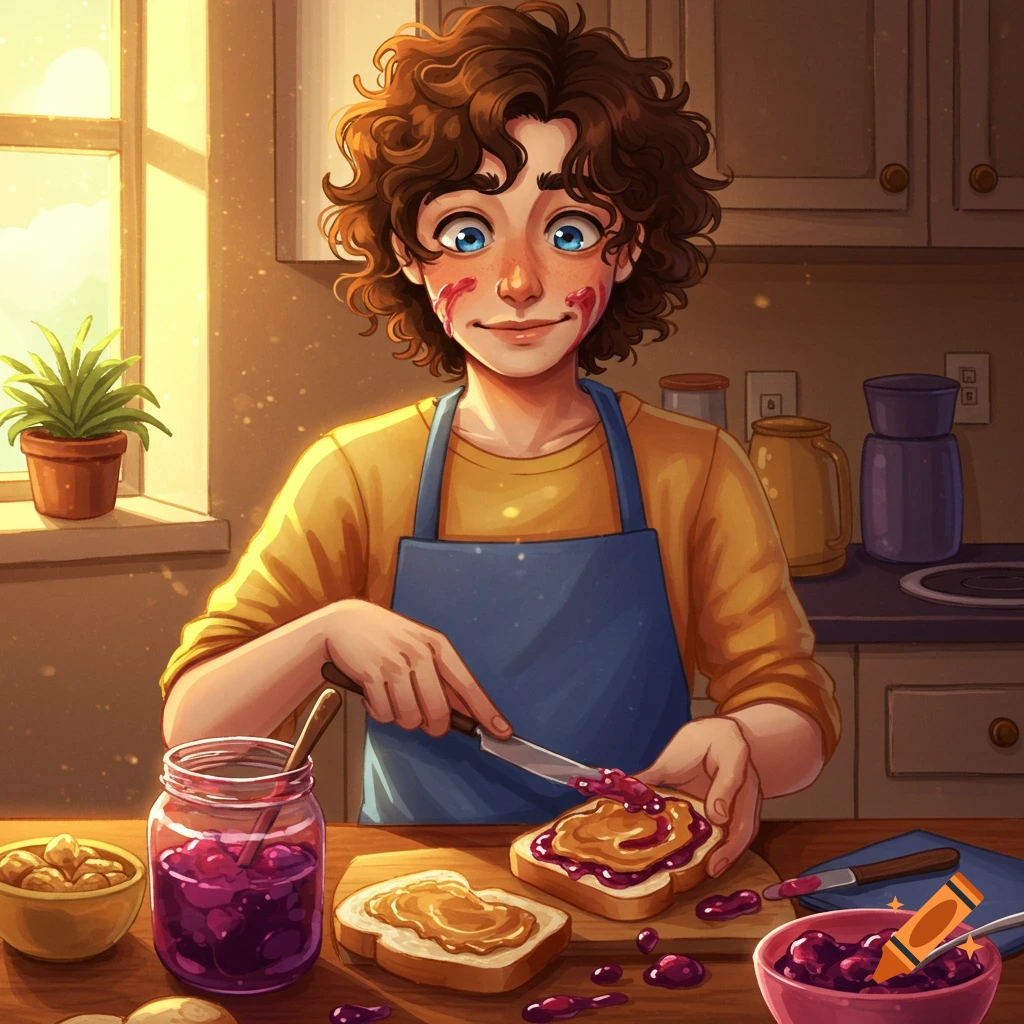 Illustration of a person making a peanut butter and jelly sandwich in a kitchen.