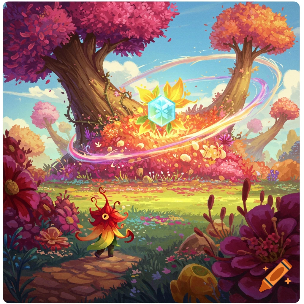A vibrant fantasy illustration of a small flower-like creature walking through a colorful forest with a glowing gem.