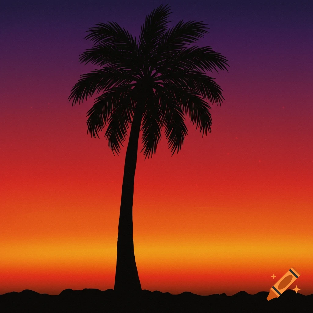 Silhouette of a palm tree against a colorful sunset sky.