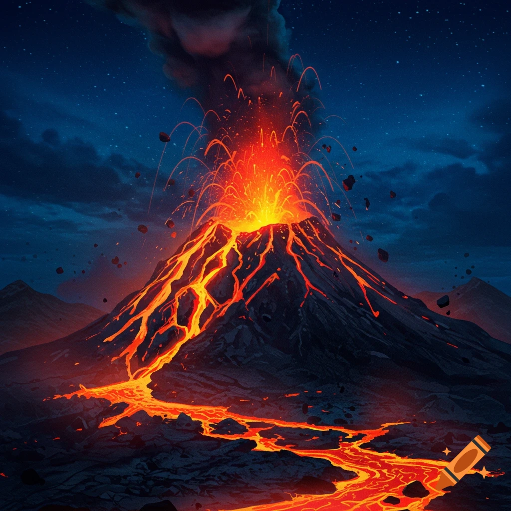 Dramatic illustration of a volcano erupting at night with lava flowing down its sides and glowing rocks shooting into a starry sky.