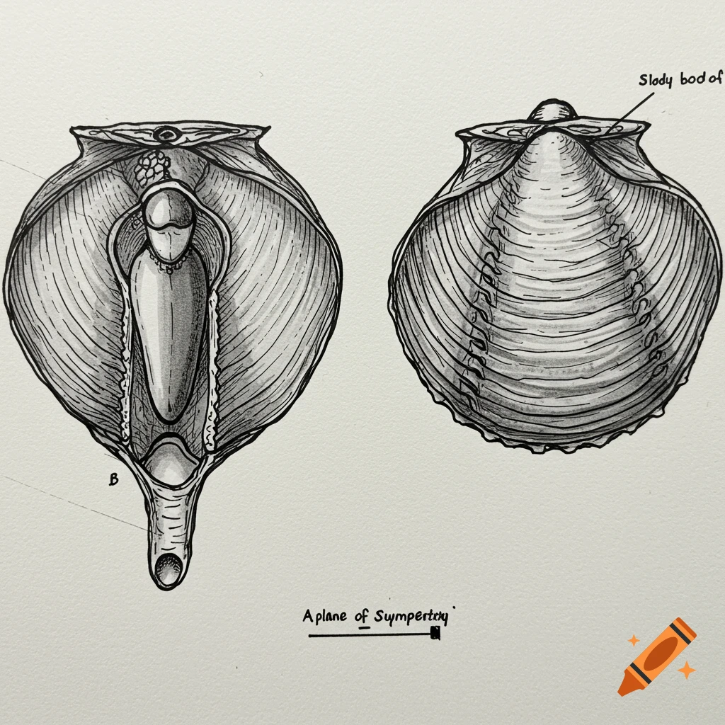 Two anatomical drawings of bivalves in a notebook sketch style.