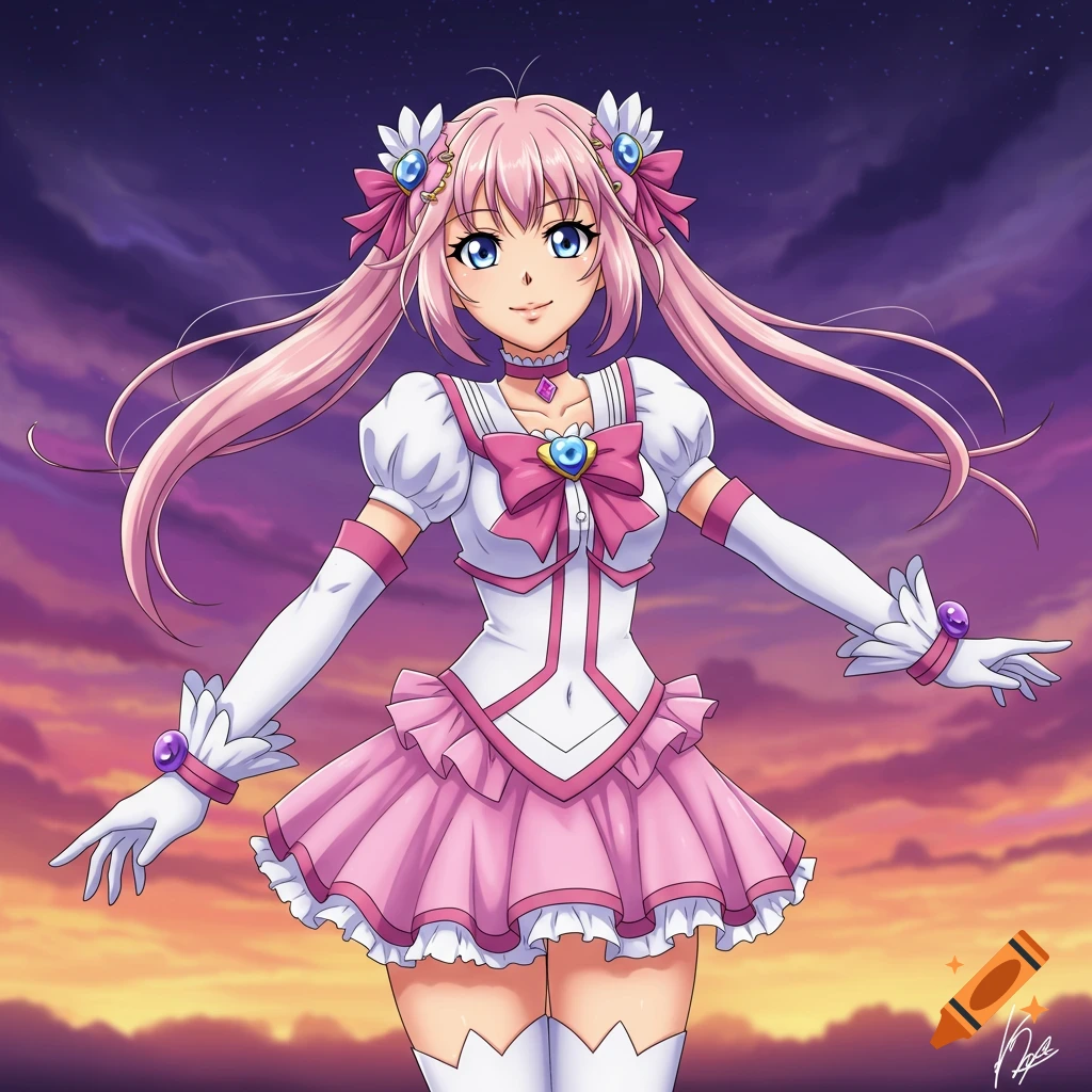 Anime girl in pink magical girl outfit against a sunset sky